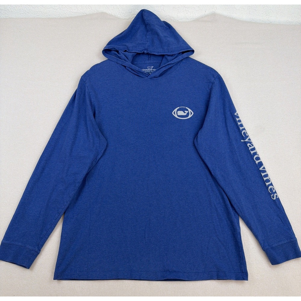 Vineyard Vines Knit Pullover Hoodie Shirt Mens Size L Blue Logo Football Preppy